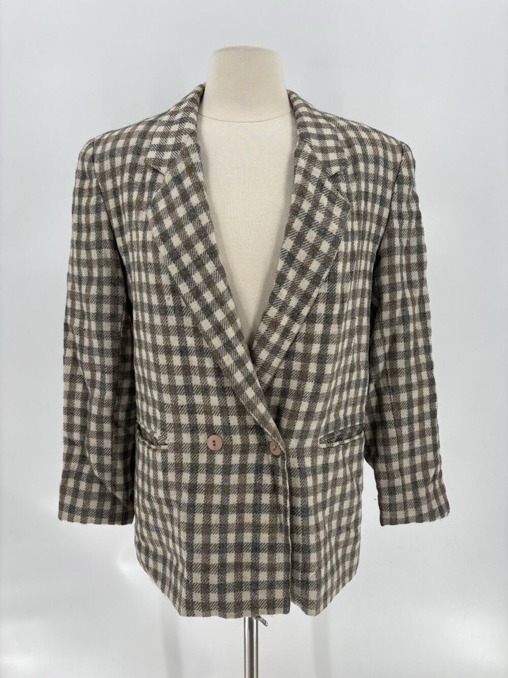 Vintage 80s Blazer Jacket Womens Medium Brown Cream Gingham Wool Union Made